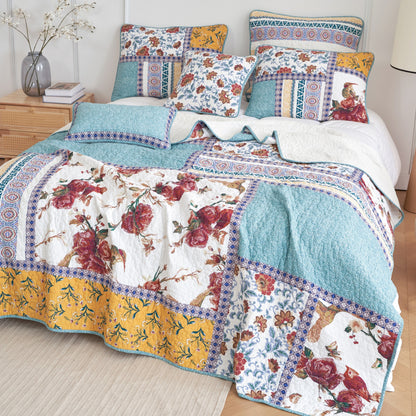 Tache Old World Garden Pastel Blue Yellow Red Hummingbirds Cotton Patchwork Quilt Set (JHW-936)-2