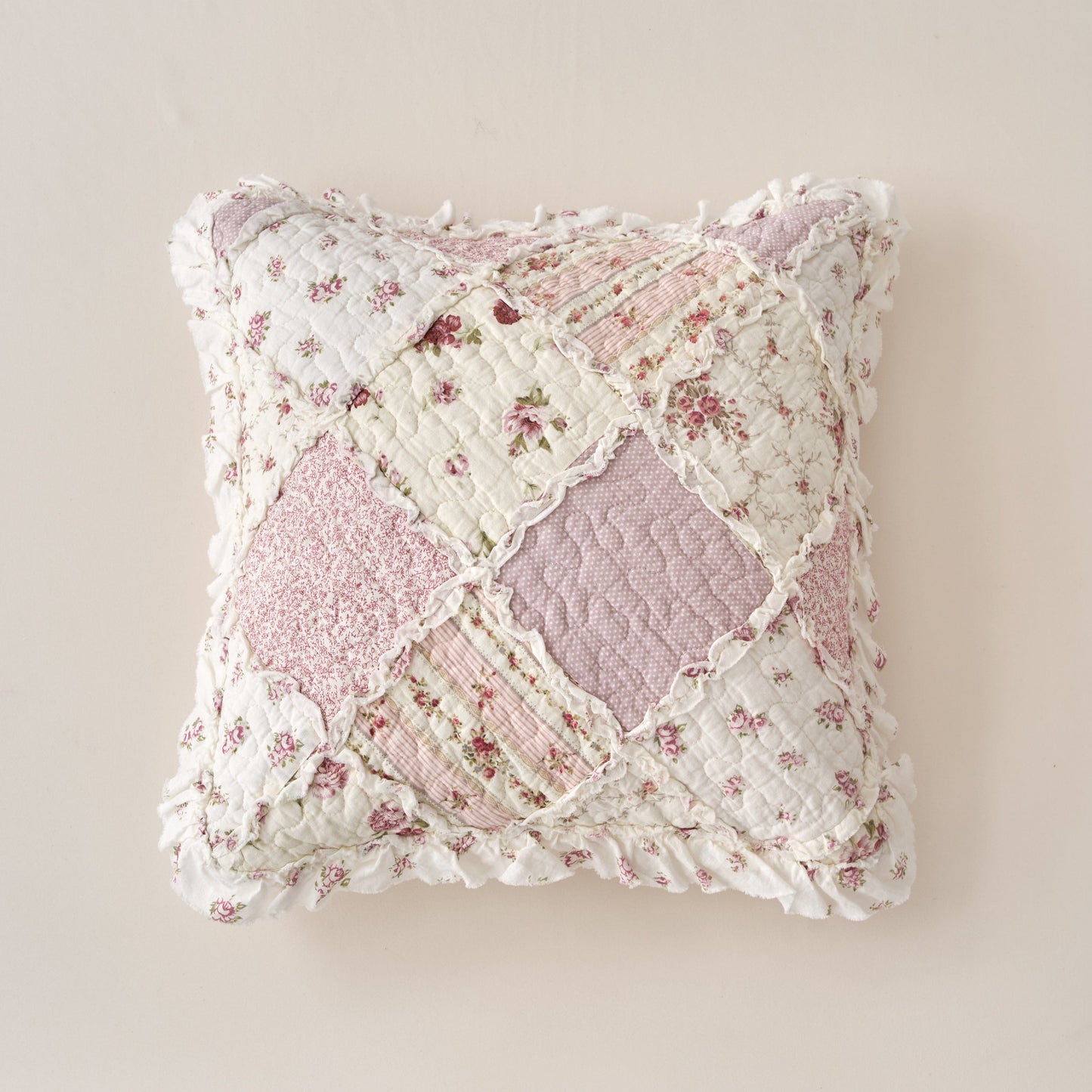 DaDalogy Blush Cottage Rose Pillow Covers – Set of 2, 18x18 Quilted Patchwork Floral Shabby Chic-0