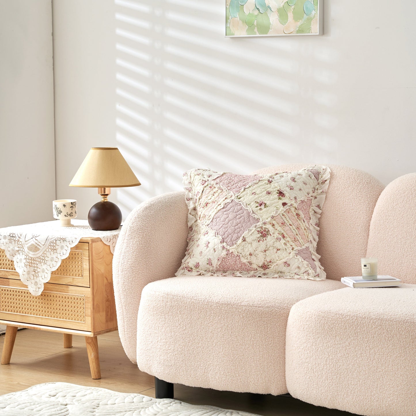 DaDalogy Blush Cottage Rose Pillow Covers – Set of 2, 18x18 Quilted Patchwork Floral Shabby Chic-1