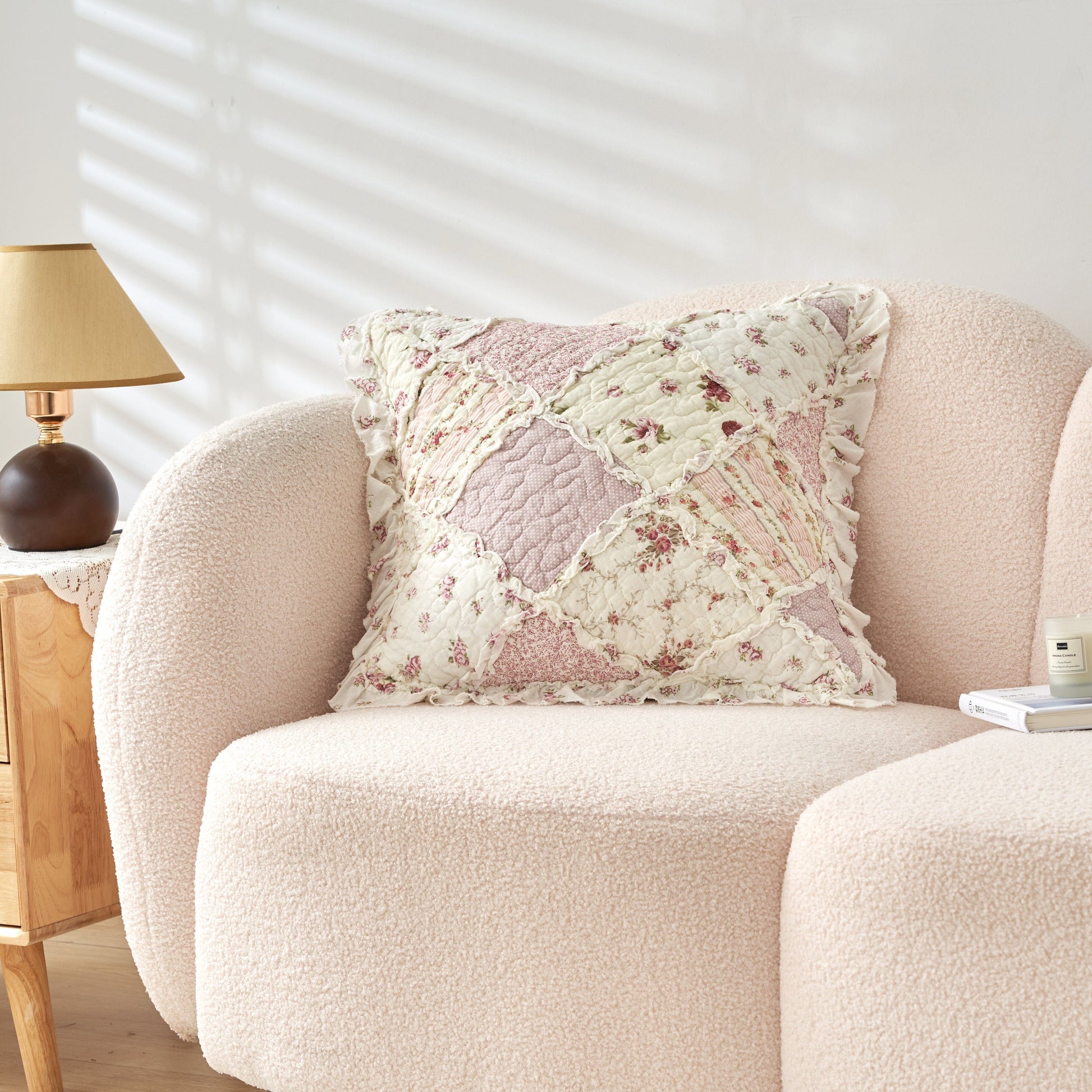 DaDalogy Blush Cottage Rose Pillow Covers – Set of 2, 18x18 Quilted Patchwork Floral Shabby Chic-2
