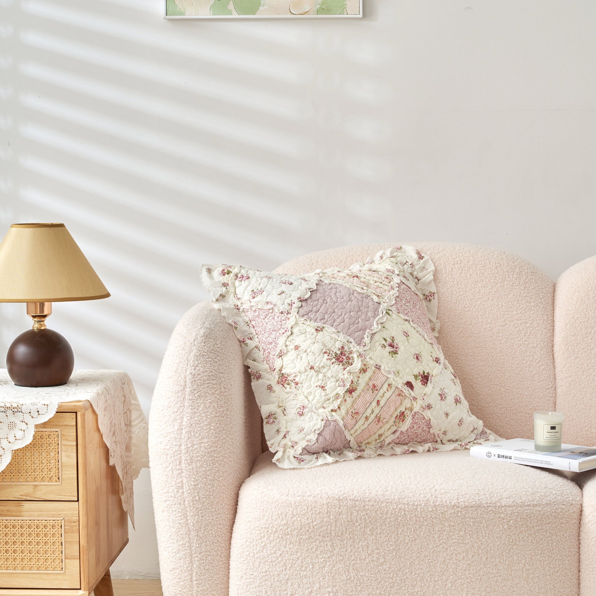 DaDalogy Blush Cottage Rose Pillow Covers – Set of 2, 18x18 Quilted Patchwork Floral Shabby Chic-3
