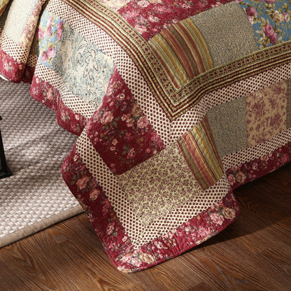 Tache Fairy Tale Tea Party Beige Burgundy Paisley Floral Cotton Patchwork Quilt Set (DXJ103443)-4