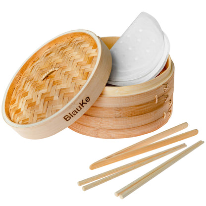 2-Tier Bamboo Steamer for Cooking Dumplings, Vegetables, Meat, Fish, Rice - Bamboo Steamer Basket 10 Inch with 2 Pairs Chopsticks, Tongs and 50 Paper Liners-0