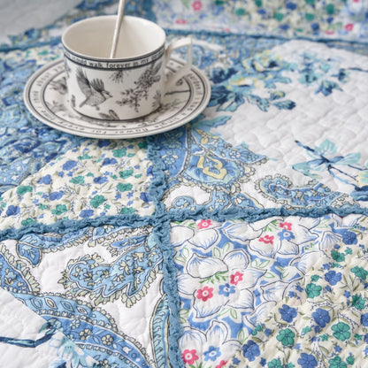Tache Petal Dance White Blue Floral Vintage Garden Scalloped Cotton Patchwork Quilted Throw Blanket (JHW-646)-1