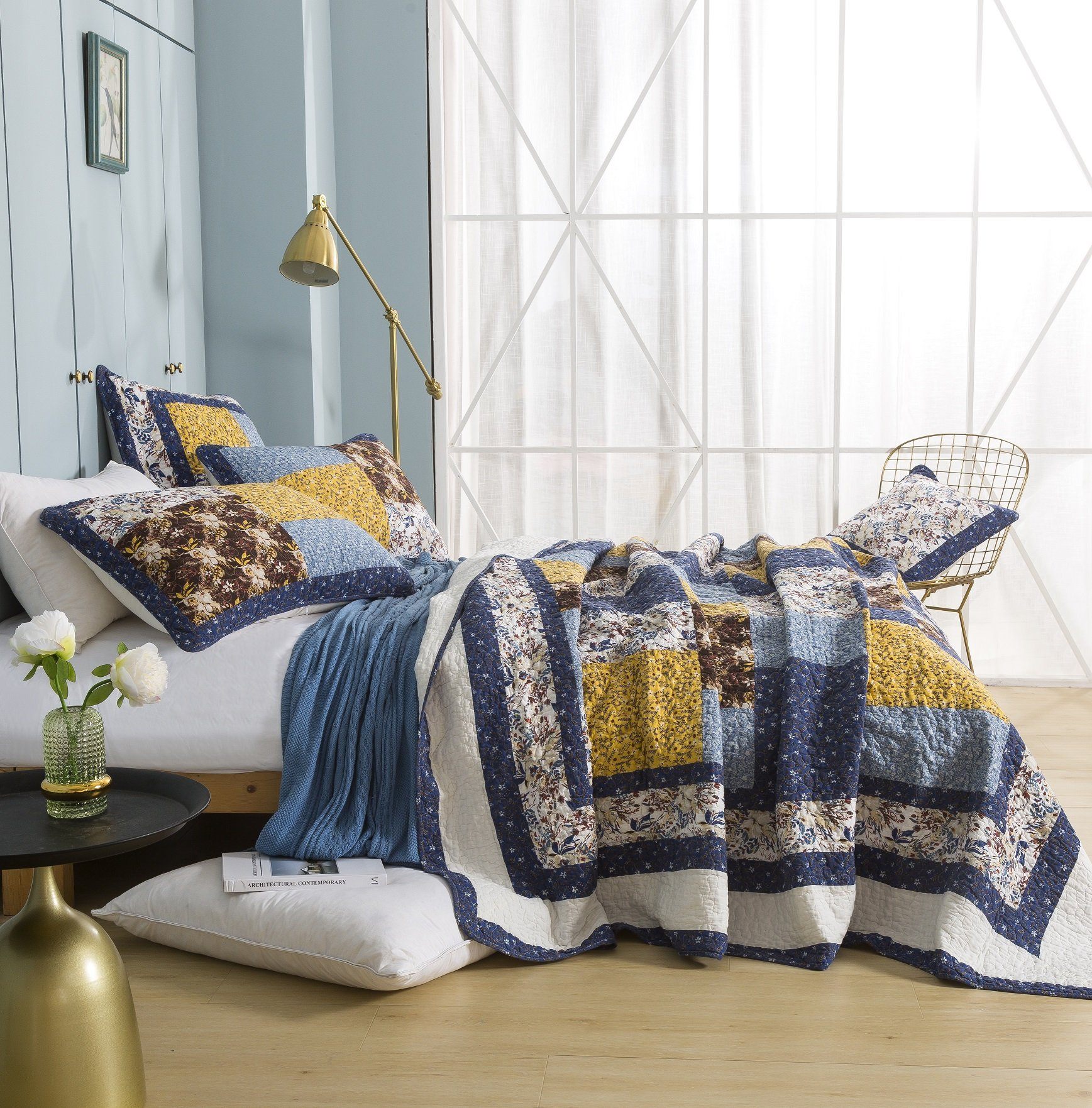 Tache Prairie Sunset White Blue Yellow Brown Floral Cotton Patchwork Quilt Set (JHW-887)-2