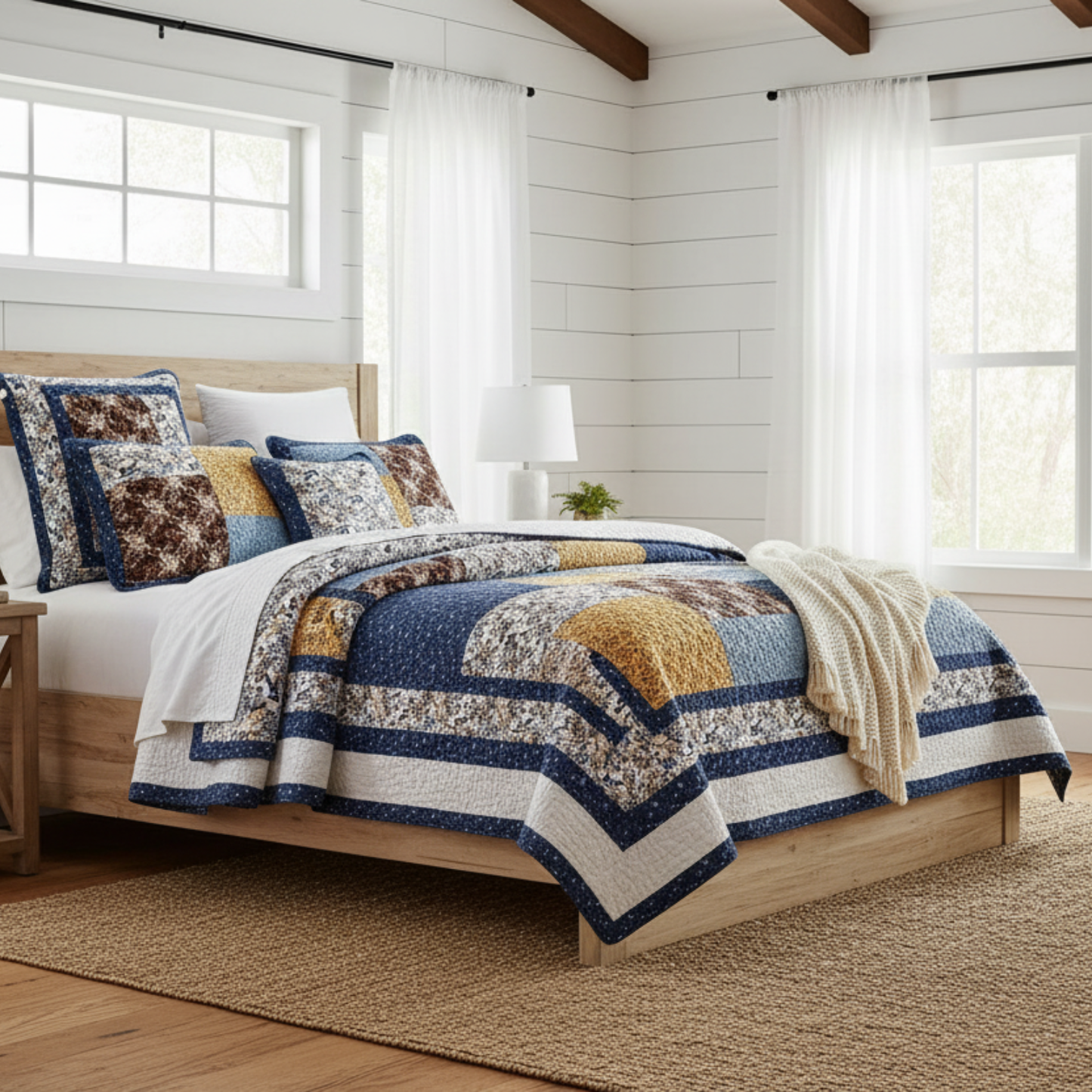 Tache Prairie Sunset White Blue Yellow Brown Floral Cotton Patchwork Quilt Set (JHW-887)-1