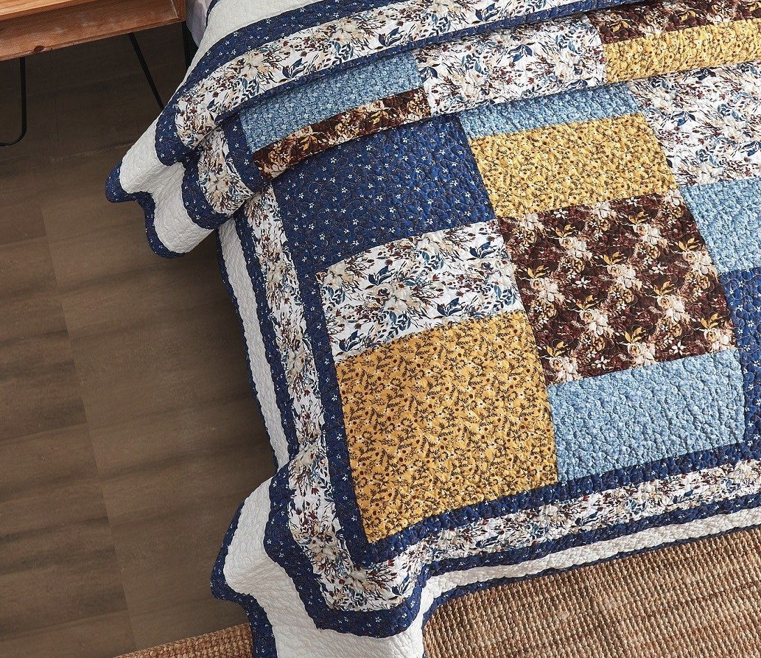 Tache Prairie Sunset White Blue Yellow Brown Floral Cotton Patchwork Quilt Set (JHW-887)-3