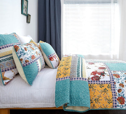 Tache Old World Garden Pastel Blue Yellow Red Hummingbirds Cotton Patchwork Quilt Set (JHW-936)-4
