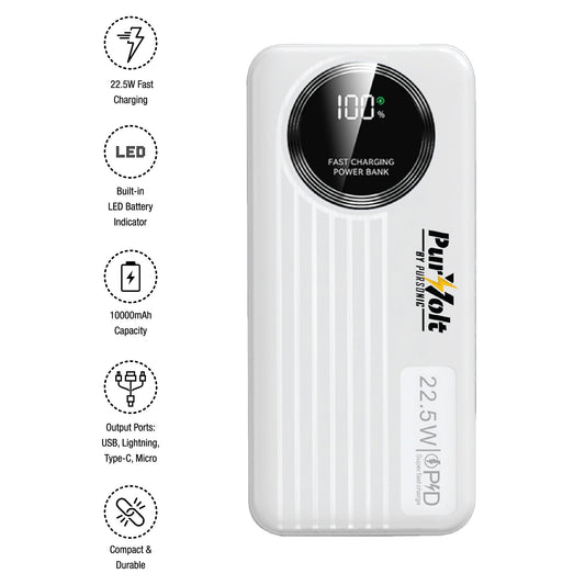 Pursonic 10,000mAh LED Fast Charging Power Bank – Built-in Cables, 22.5W Output, Type-C/USB/Lightning Compatibility-1