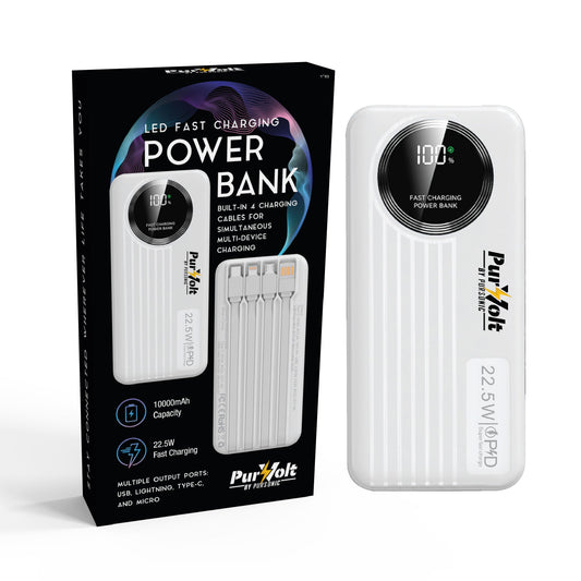 Pursonic 10,000mAh LED Fast Charging Power Bank – Built-in Cables, 22.5W Output, Type-C/USB/Lightning Compatibility-0