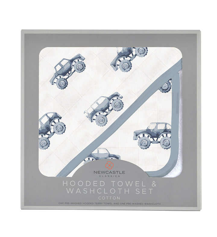 Indigo Monster Trucks Cotton Hooded Towel and Washcloth Set-0