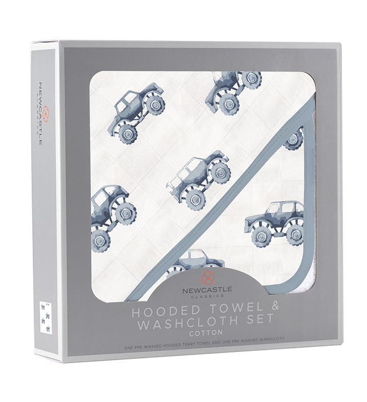 Indigo Monster Trucks Cotton Hooded Towel and Washcloth Set-1
