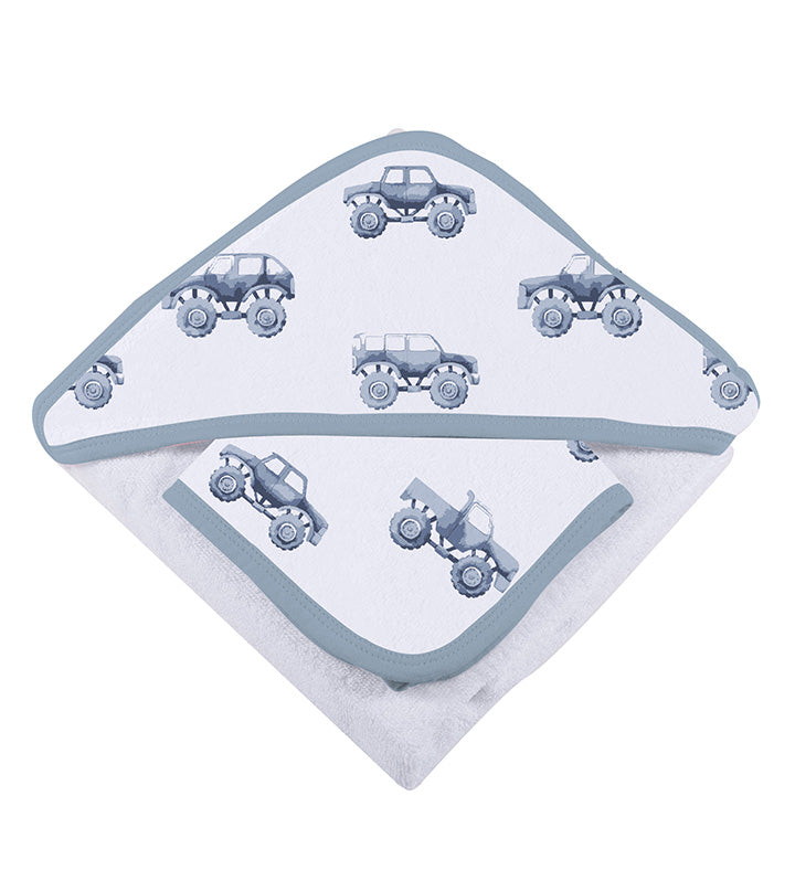 Indigo Monster Trucks Cotton Hooded Towel and Washcloth Set-3
