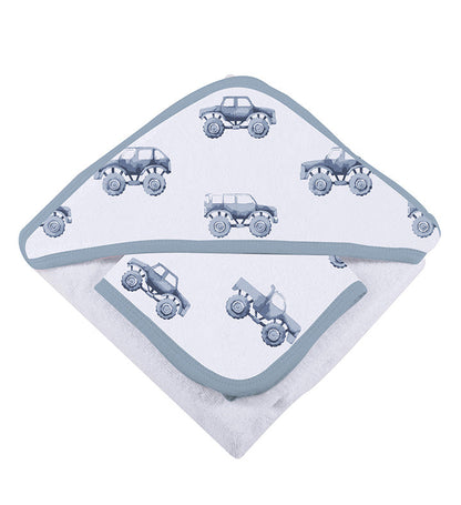 Indigo Monster Trucks Cotton Hooded Towel and Washcloth Set-3