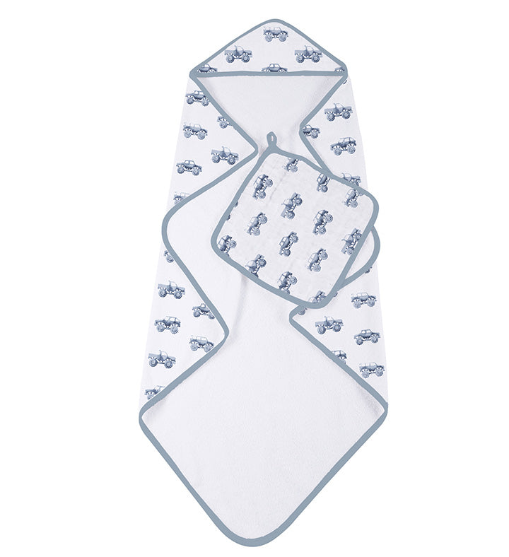Indigo Monster Trucks Cotton Hooded Towel and Washcloth Set-2