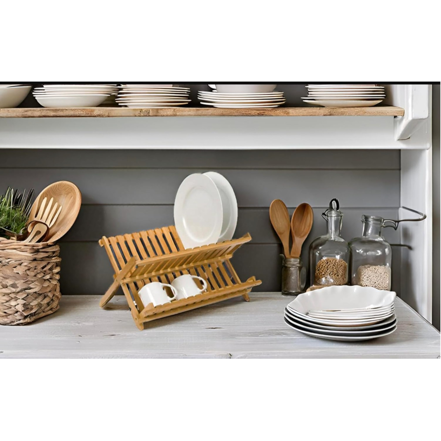 Bamboo Dish Drying Rack - 2-Tier Foldable Dish Rack for Kitchen Counter-4