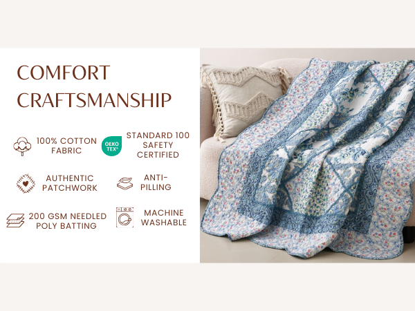 Tache Petal Dance White Blue Floral Vintage Garden Scalloped Cotton Patchwork Quilted Throw Blanket (JHW-646)-4