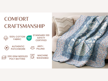 Tache Petal Dance White Blue Floral Vintage Garden Scalloped Cotton Patchwork Quilted Throw Blanket (JHW-646)-4