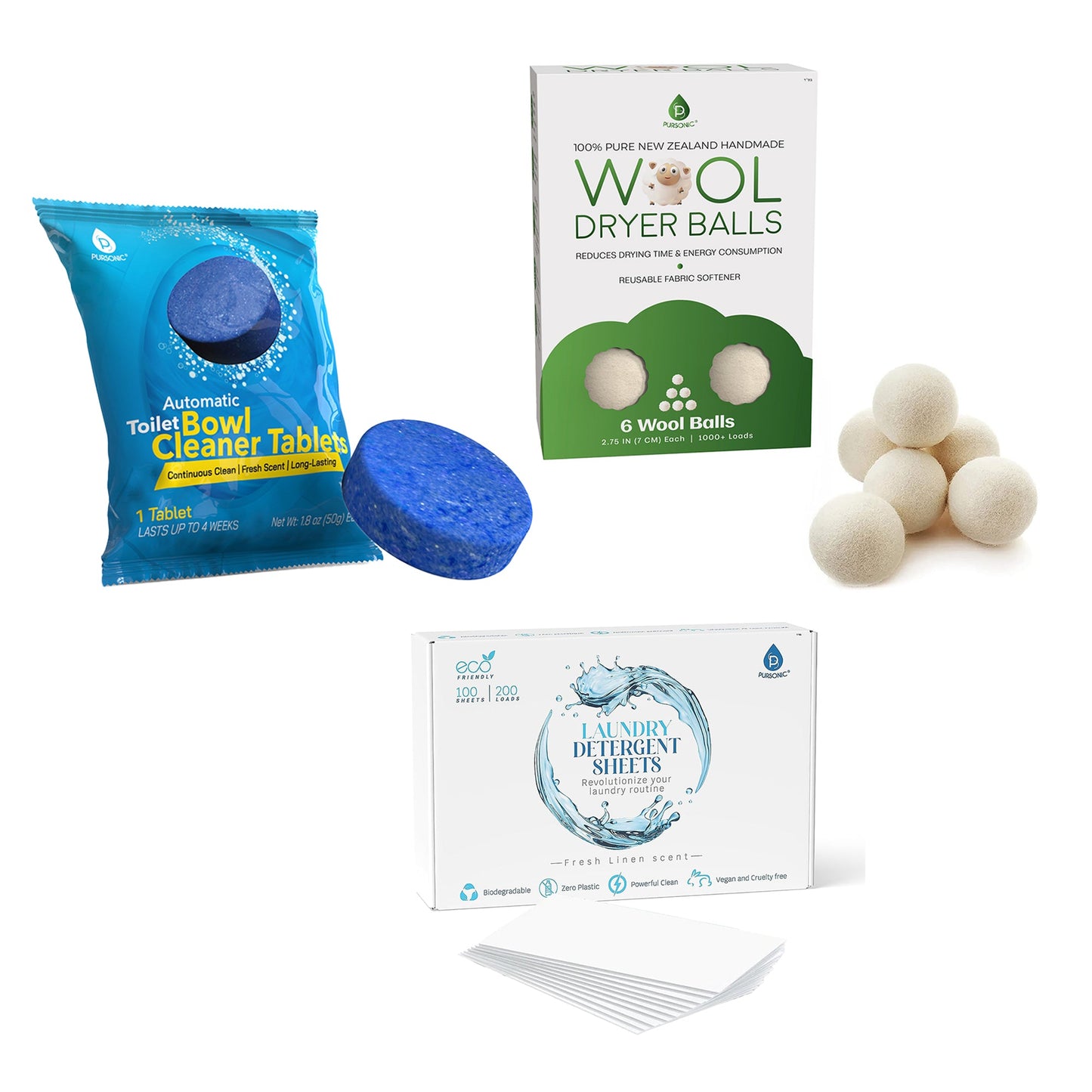 Pursonic Eco Home Essentials Bundle: Toilet Cleaner Tablets + Wool Dryer Balls + Eco Laundry Detergent Sheets-0