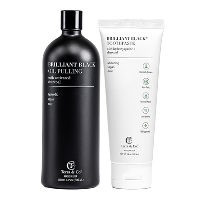 Black Botanical Oral Care Travel Set – Charcoal (4-Piece Set, Toothpaste, Oil, Brush & Floss)