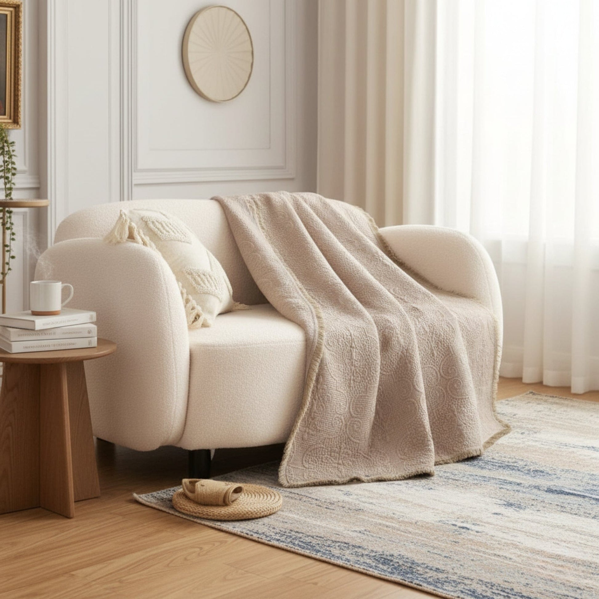 DaDa Bedding Elegant Fringed Cotton Quilted Throw Blanket - Luxurious Solid Soft Paisley Pattern, Cozy Lightweight Lap Throw, Perfect for Couch or Bed, Neutral Sandy Taupe Tan Beige, 50x60 Inches-4