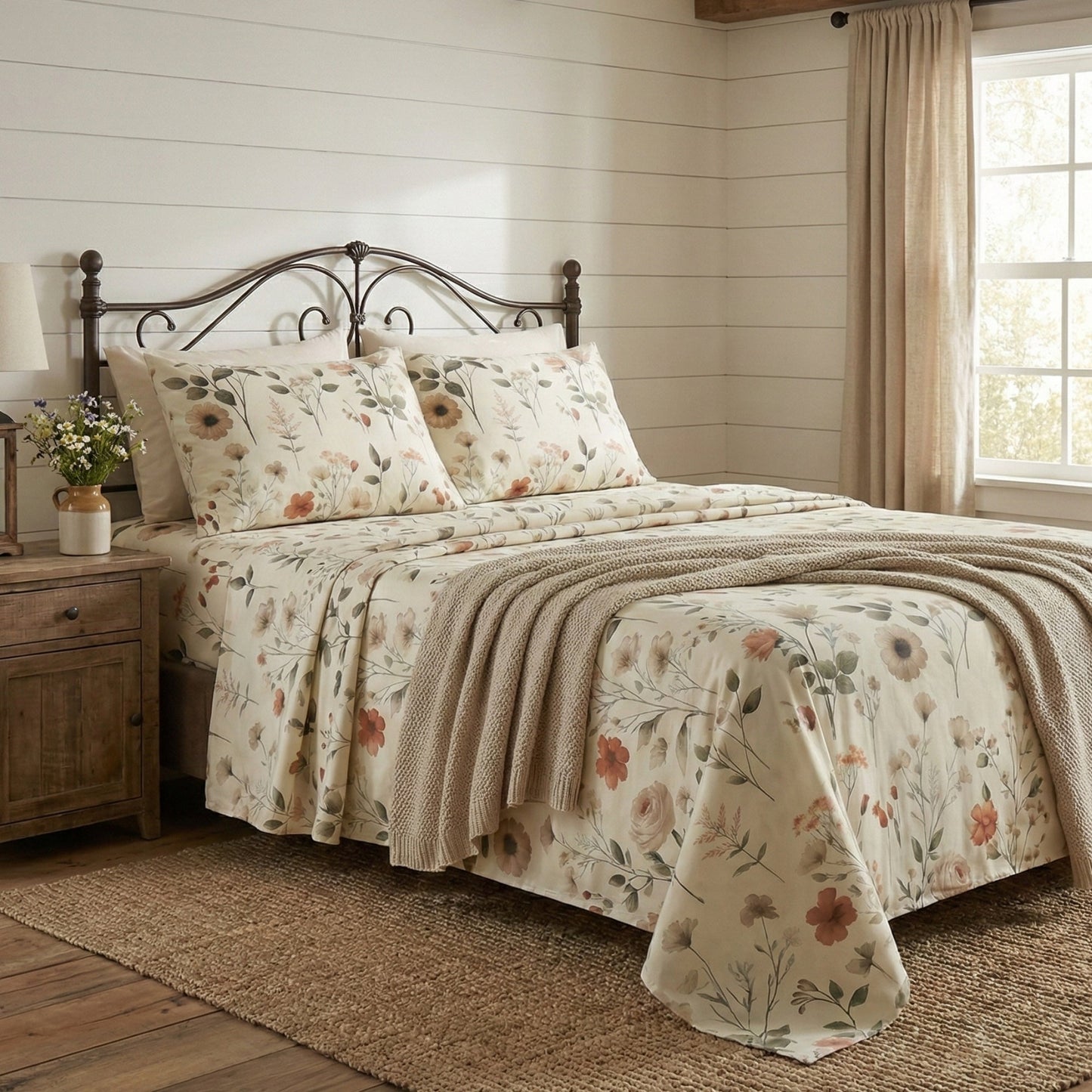DaDalogy Enchanted Meadow Bed Sheet Set - Floral Harmony in Beige, Rose, and Soft Green, Premium Soft Microfiber, Machine Washable, Deep Pocket 14 - 15 Inches + Flat Sheet-0