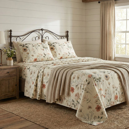 DaDalogy Enchanted Meadow Bed Sheet Set - Floral Harmony in Beige, Rose, and Soft Green, Premium Soft Microfiber, Machine Washable, Deep Pocket 14 - 15 Inches + Flat Sheet-0