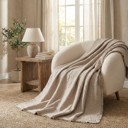 DaDa Bedding Elegant Fringed Cotton Quilted Throw Blanket - Luxurious Solid Soft Paisley Pattern, Cozy Lightweight Lap Throw, Perfect for Couch or Bed, Neutral Sandy Taupe Tan Beige, 50x60 Inches-0