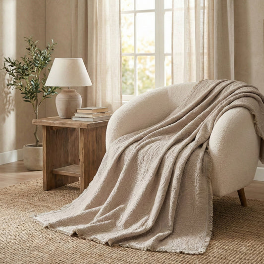 DaDa Bedding Elegant Fringed Cotton Quilted Throw Blanket - Luxurious Solid Soft Paisley Pattern, Cozy Lightweight Lap Throw, Perfect for Couch or Bed, Neutral Sandy Taupe Tan Beige, 50x60 Inches-0
