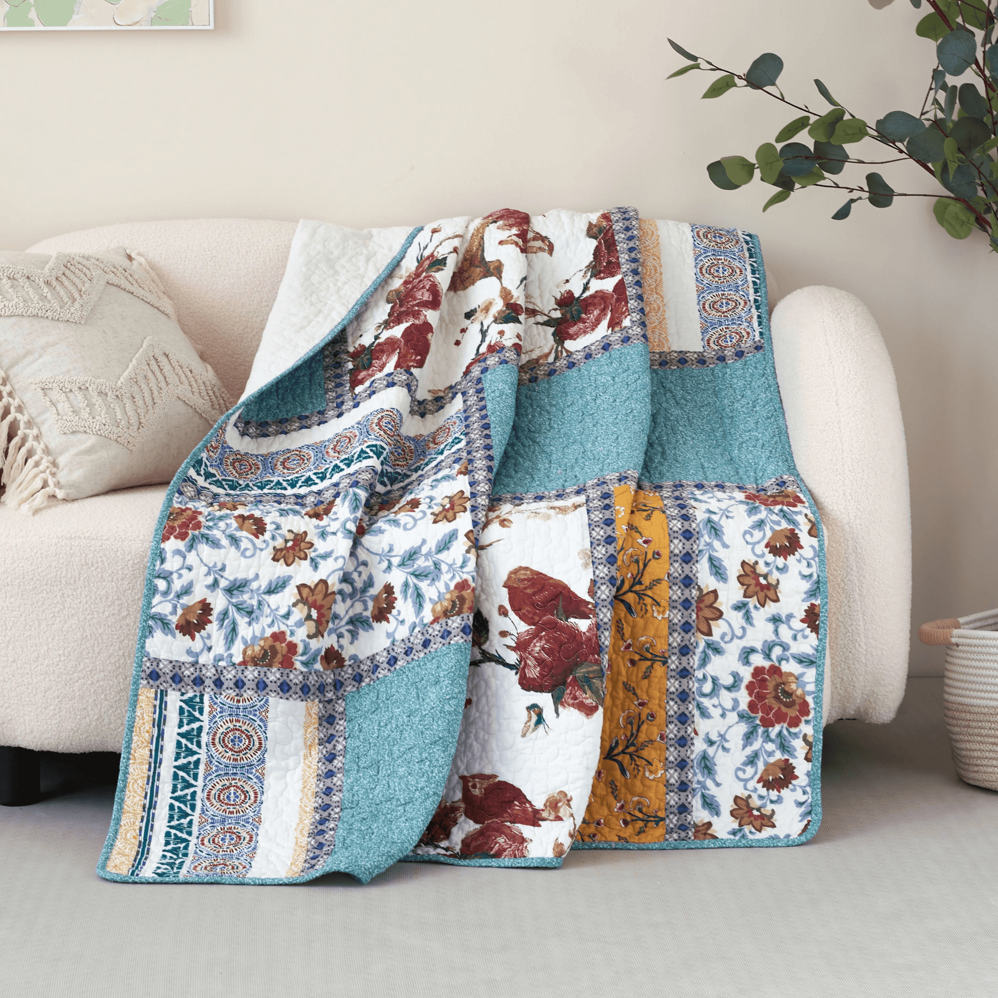 Tache Cotton Patchwork Old World Garden Pastel Blue Yellow Red Hummingbirds Quilted Throw Blanket (JHW-936)-0