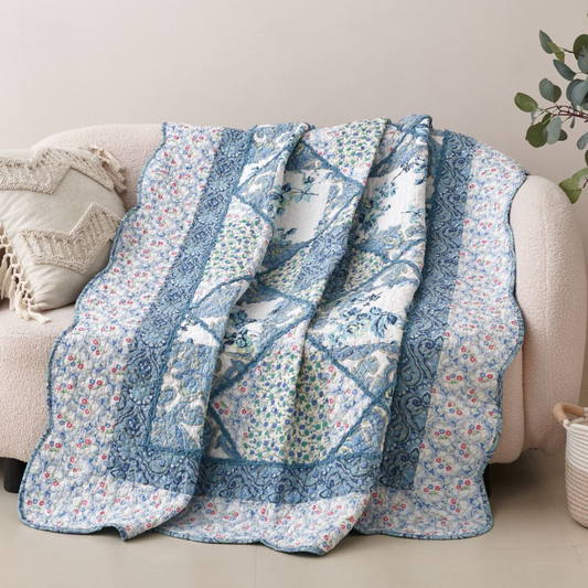 Tache Petal Dance White Blue Floral Vintage Garden Scalloped Cotton Patchwork Quilted Throw Blanket (JHW-646)-0