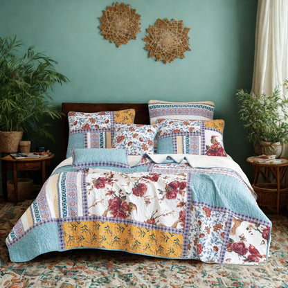 Tache Old World Garden Pastel Blue Yellow Red Hummingbirds Cotton Patchwork Quilt Set (JHW-936)-0
