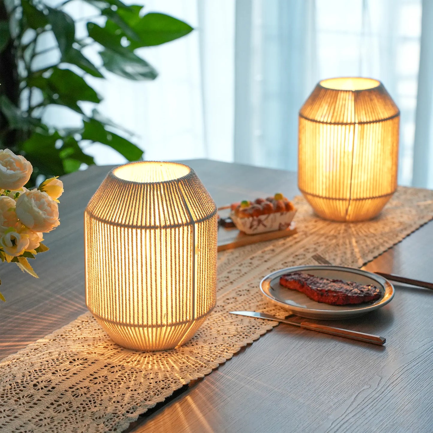 Set of 2 Woven Lamp shade Table Lamps-3