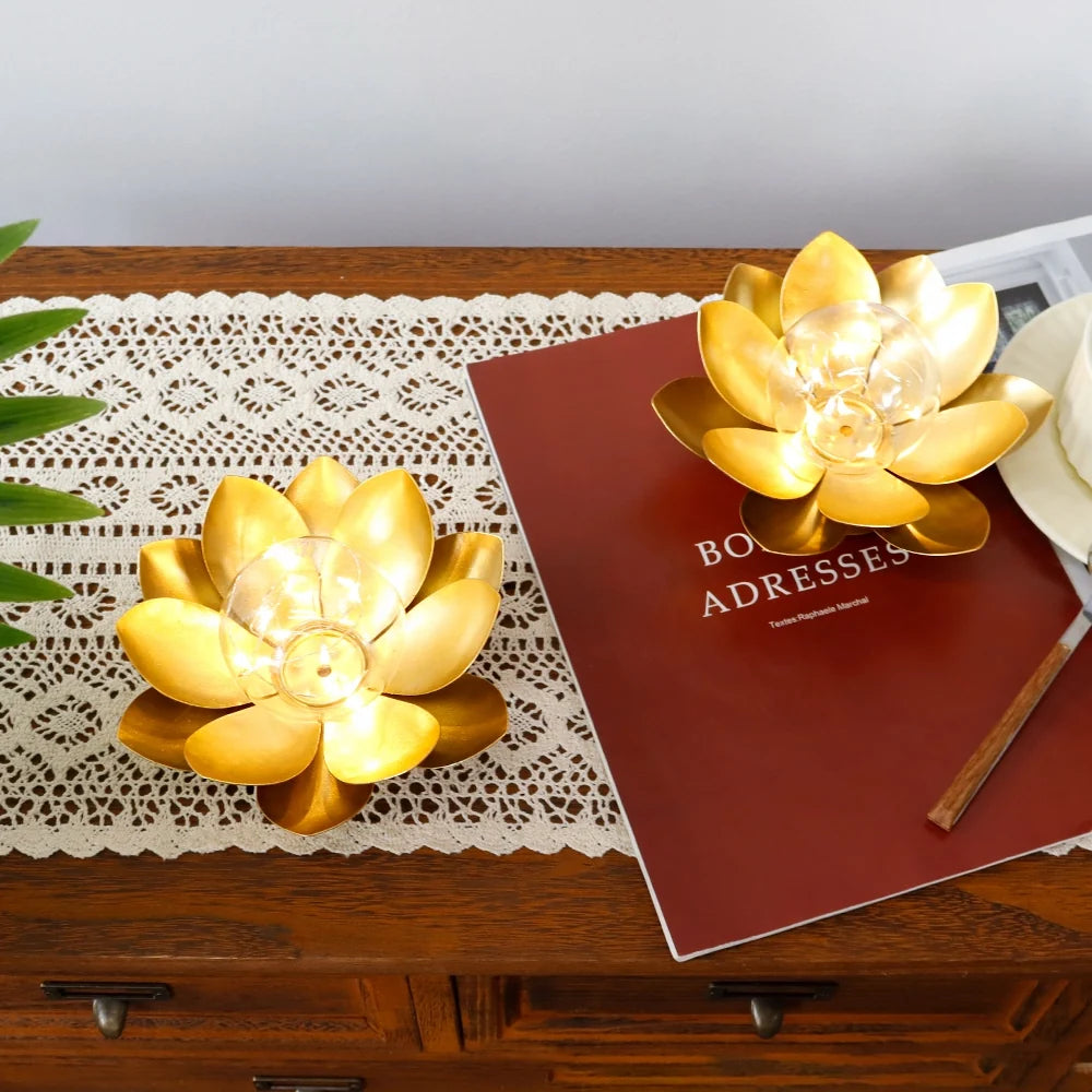 Set of 2-D6"xH3.34" Gold Lotus Table Lamps-3