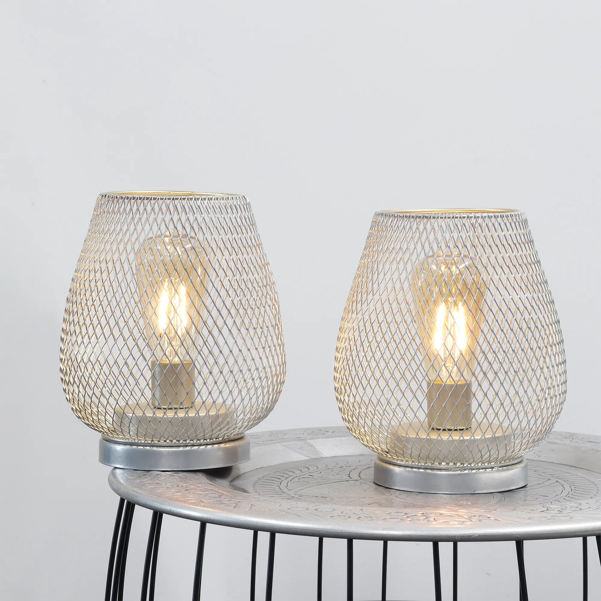 Set of 2-6.7"H Metal Cage LED Lantern（Silver）-2