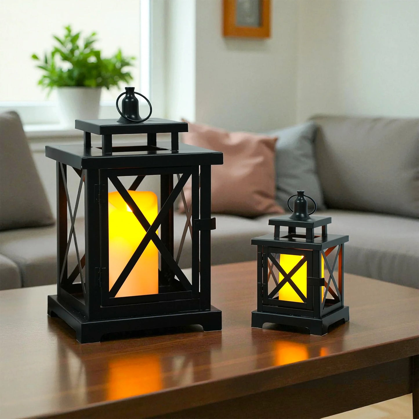 12.5" & 9" H Hanging Candle Lanterns with LED Pillar Candles-4