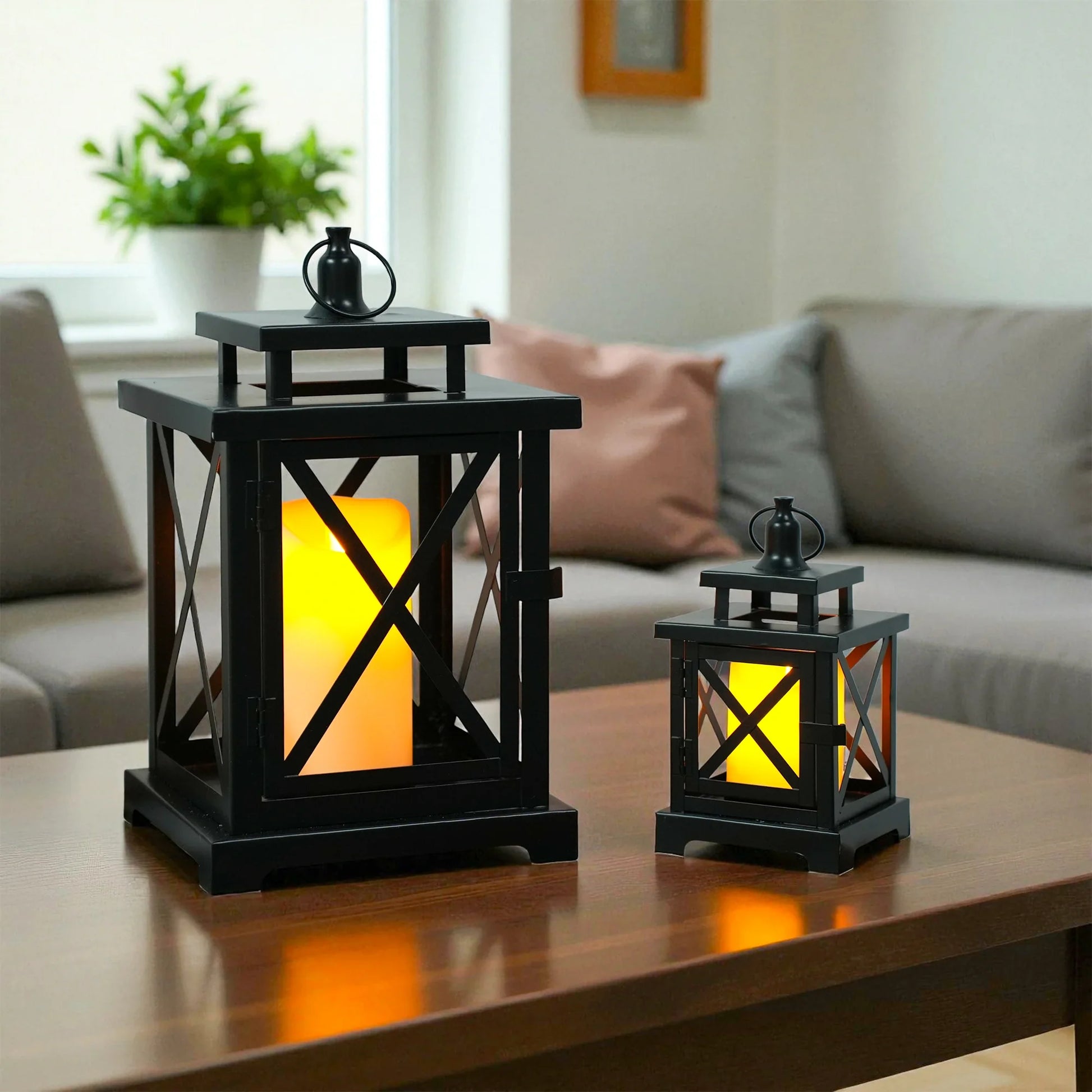 12.5" & 9" H Hanging Candle Lanterns with LED Pillar Candles-4