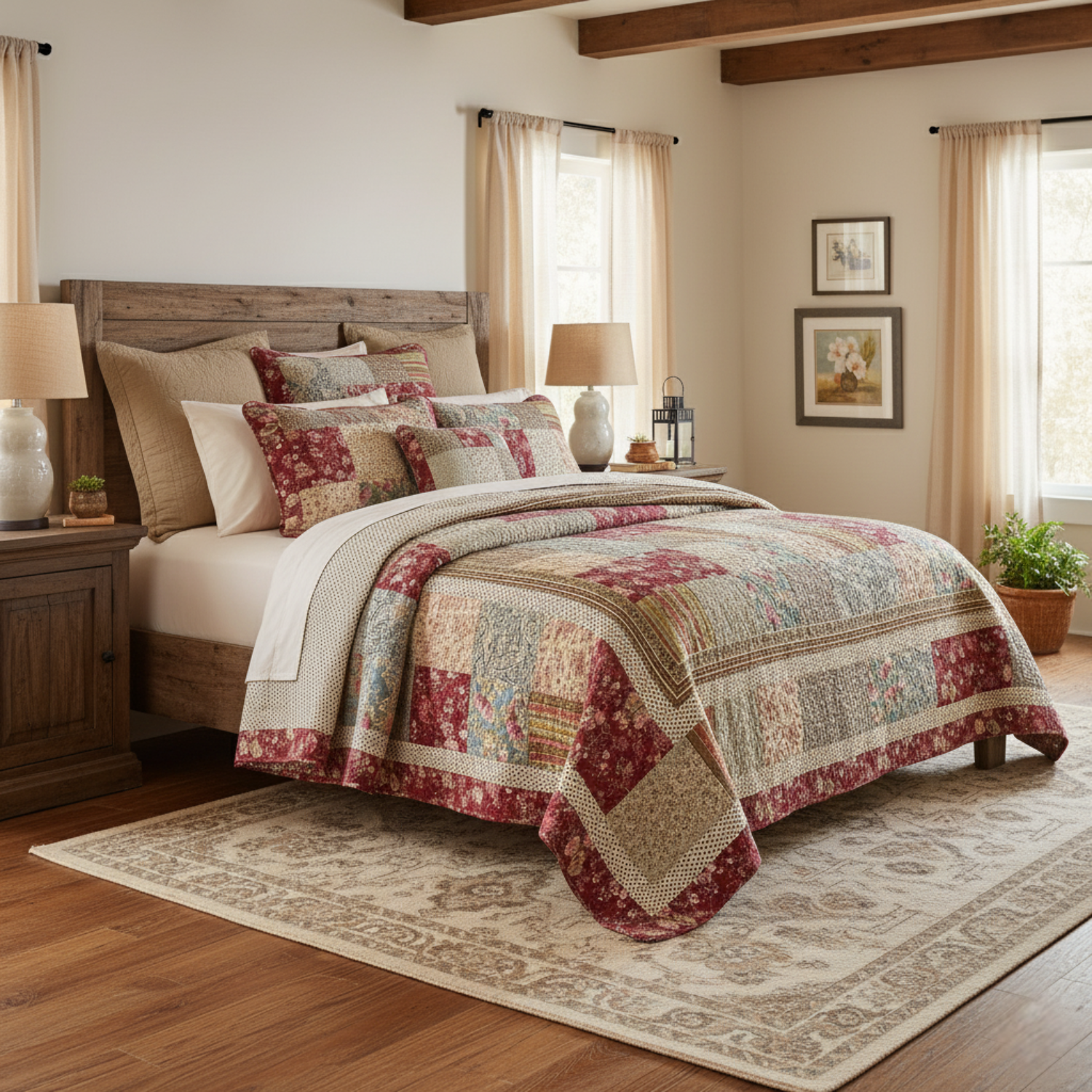 Tache Fairy Tale Tea Party Beige Burgundy Paisley Floral Cotton Patchwork Quilt Set (DXJ103443)-1