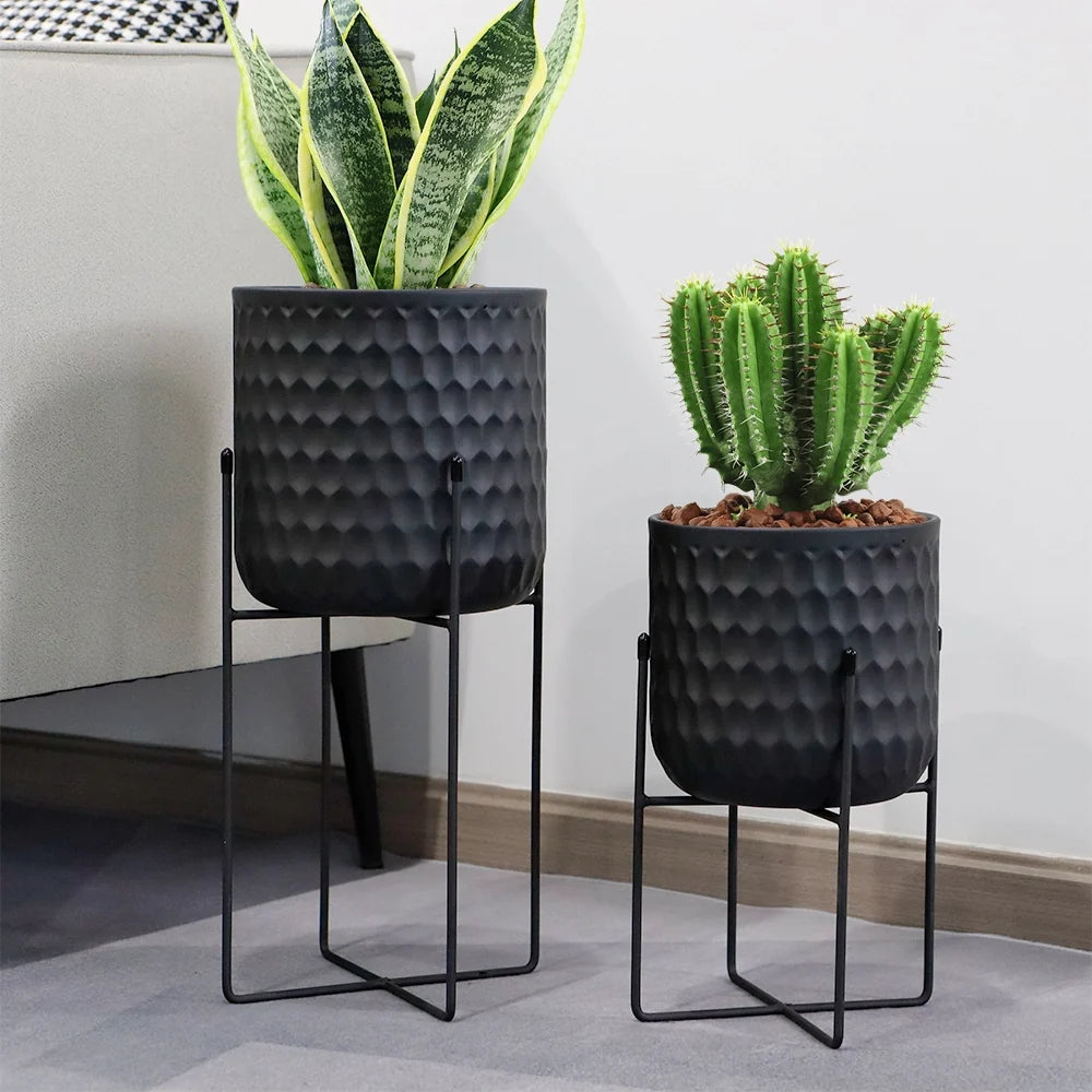 Set of 2 12"&18" H Tall Metal Flower Pot With Stand (Black)-0