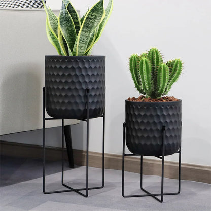 Set of 2 12"&18" H Tall Metal Flower Pot With Stand (Black)-0