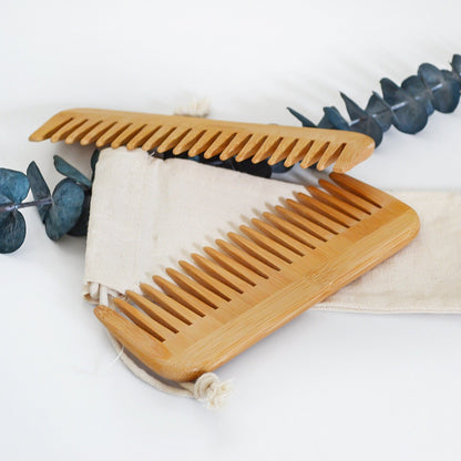 Natural Bamboo Wide Tooth Comb-Zero Waste Detangeling Comb-With Organic Cotton Pouch-2