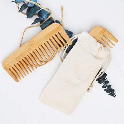 Natural Bamboo Wide Tooth Comb-Zero Waste Detangeling Comb-With Organic Cotton Pouch-0