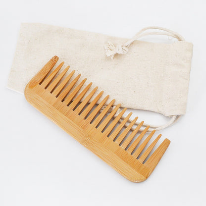 Natural Bamboo Wide Tooth Comb-Zero Waste Detangeling Comb-With Organic Cotton Pouch-1