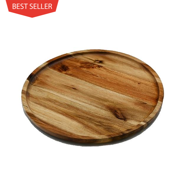 [ Set of 3 ] Zavis Green Acacia Wood Round Stackable Plate / Platter 12" | Dishwasher Safe-0