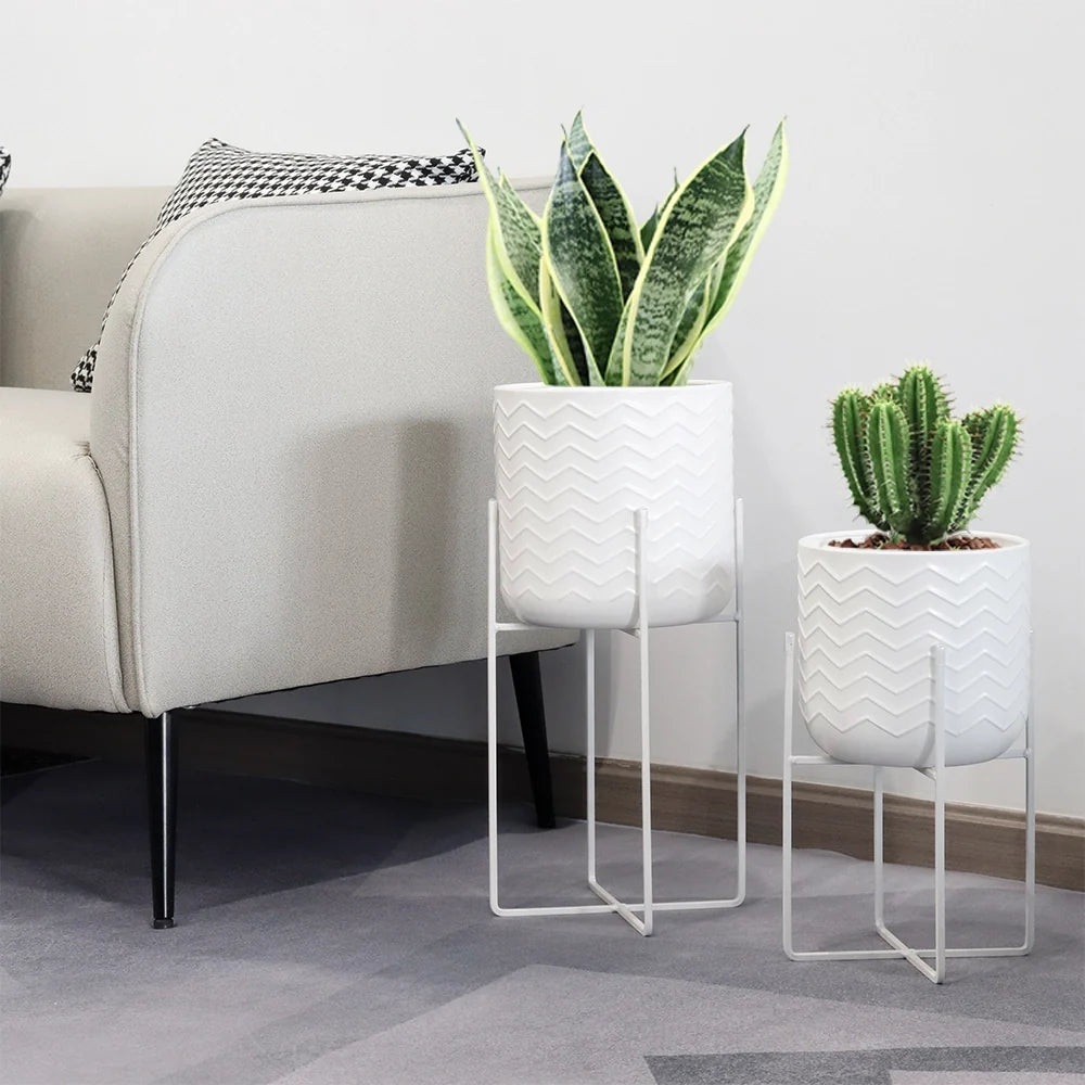 Set of 2 Planters With Stand 17&12 (Bright White)-2
