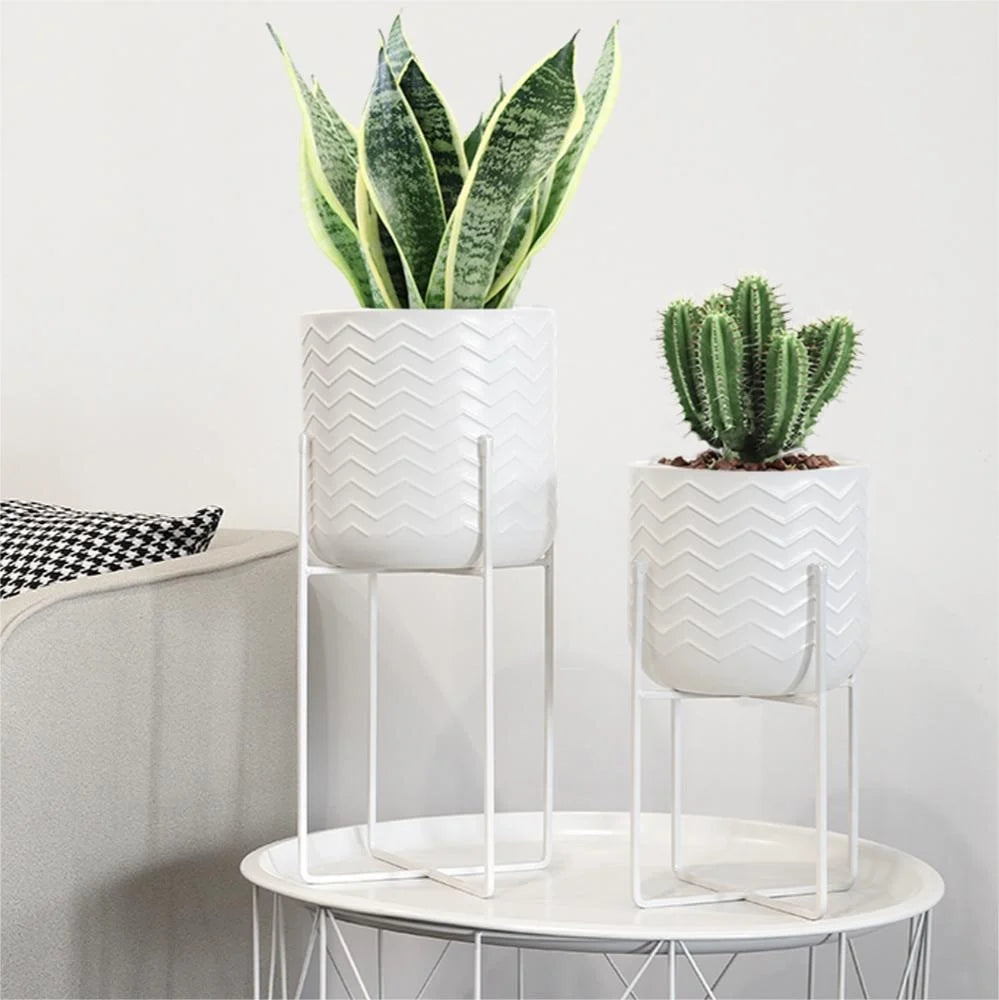 Set of 2 Planters With Stand 17&12 (Bright White)-0