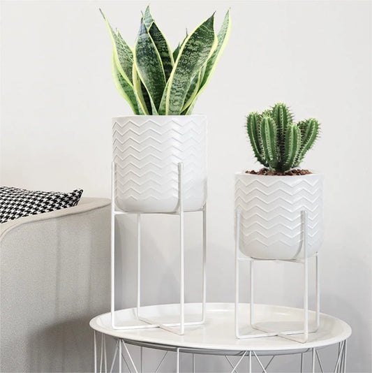 Set of 2 Planters With Stand 17&12 (Bright White)-0