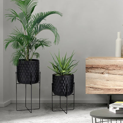 Set of 2 12"&18" H Tall Metal Flower Pot With Stand (Black)-2