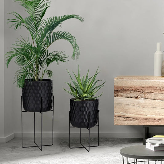 Set of 2 12"&18" H Tall Metal Flower Pot With Stand (Black)-2