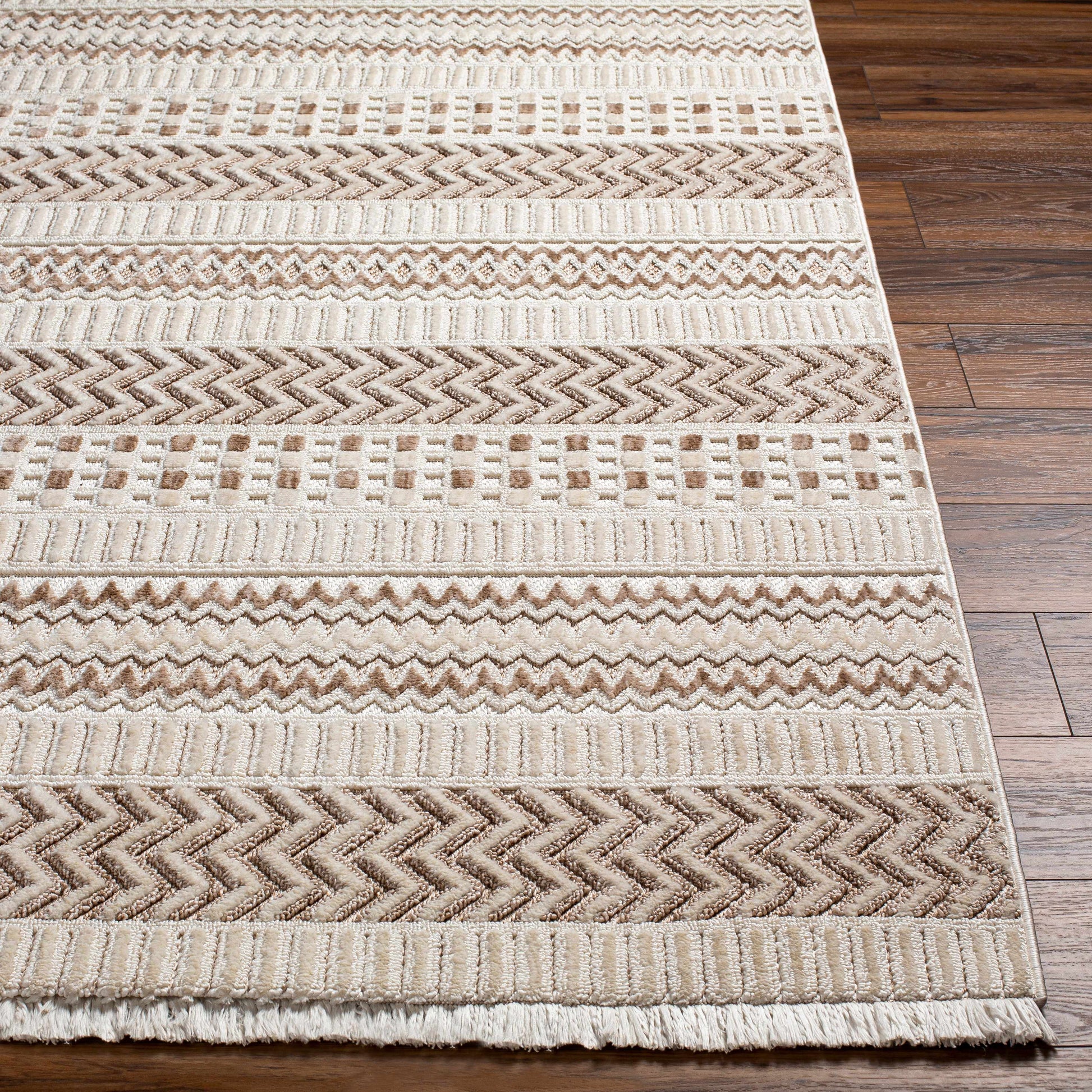 Eiko Beige Textured Saxony Rug with Fringes - Clearance-2